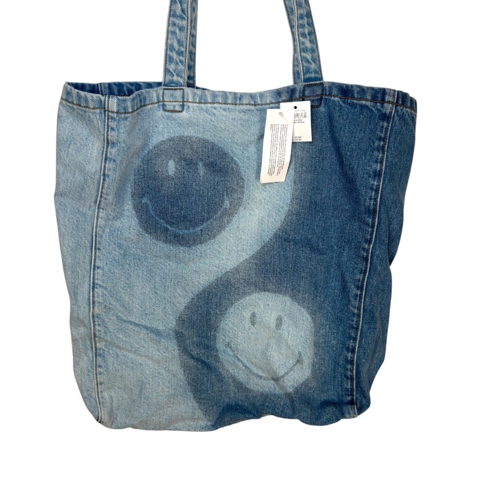 American Eagle Denim Tote Bag OS Blue Yin Yang Smiley Face Retro Boho Streetwear - Picture 4 of 8